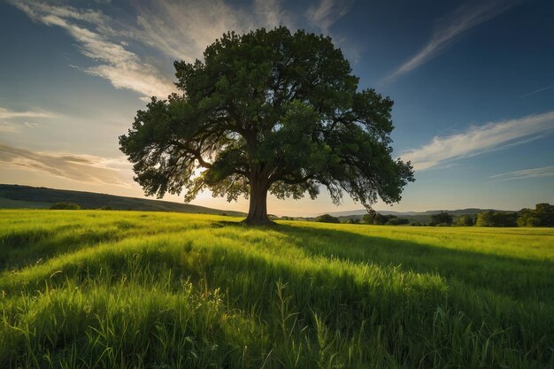 Lone tree in a green field under vast sky