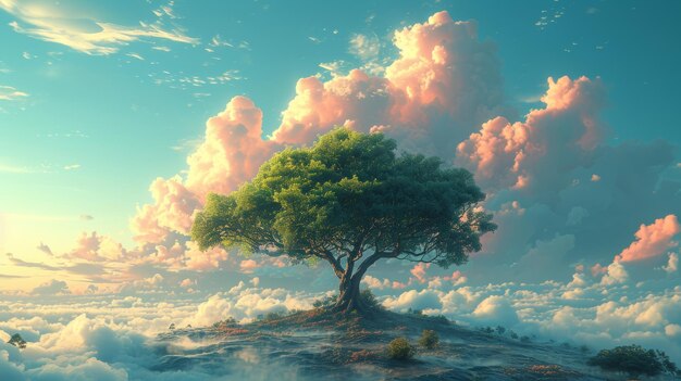 Lone tree on a hill above the clouds at sunset