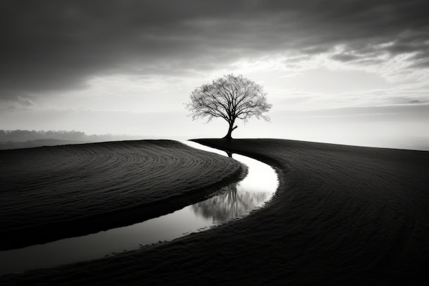 Lone tree is reflected in puddle of water on hill Generative AI