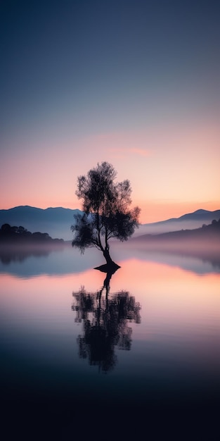 A lone tree in a lake with a pink and purple sky in the background.