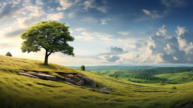 Lone tree on a lush green hillside under a dynamic sky depicting serenity and natural beauty