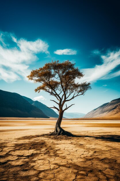 Lone tree in the middle of desert with mountains in the background Generative AI