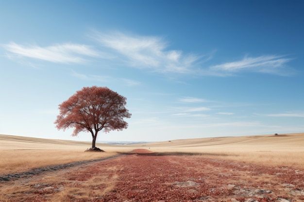 a lone tree in the middle of an empty field