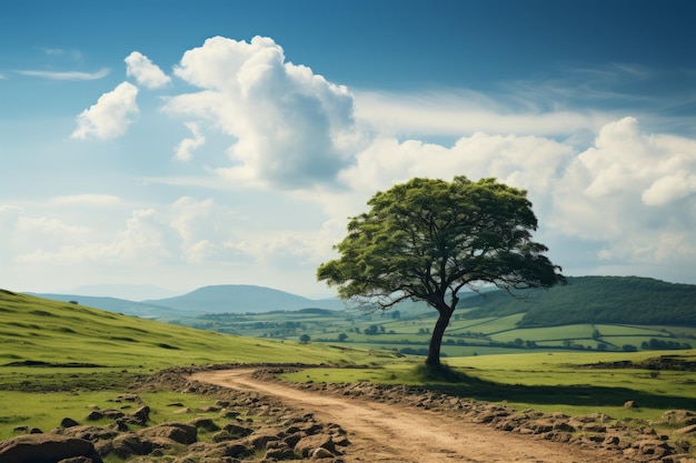 a lone tree in the middle of a field