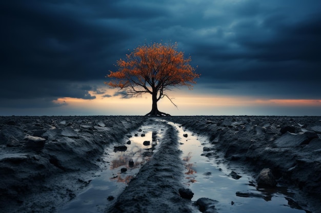 a lone tree in the middle of a muddy field