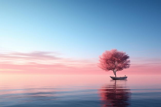 A lone tree in the middle of the ocean at sunset