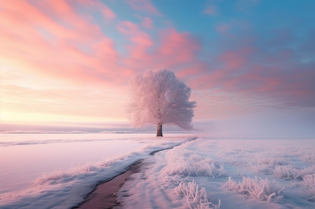 a lone tree in the middle of a snowy field