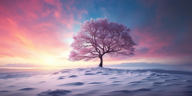 a lone tree in the middle of a snowy field