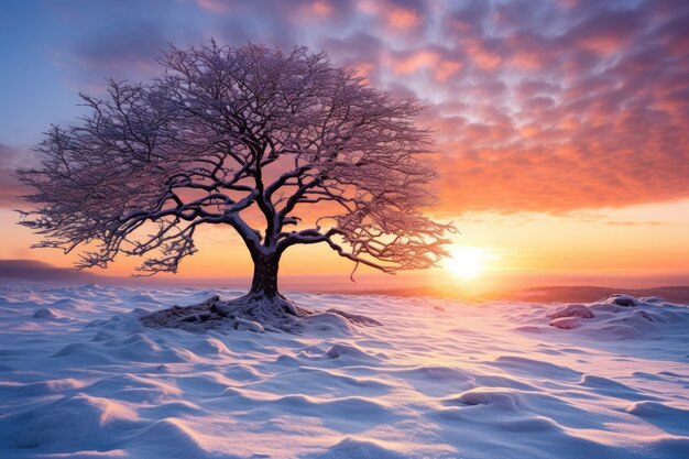 Photo a lone tree in the middle of a snowy field