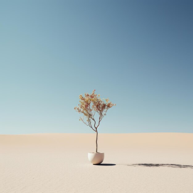 A lone tree in a pot on the desert