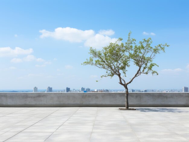A lone tree on the roof of a building with a city in the background