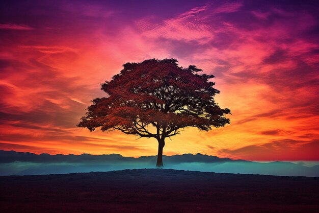 A lone tree silhouetted against a colorful sunset