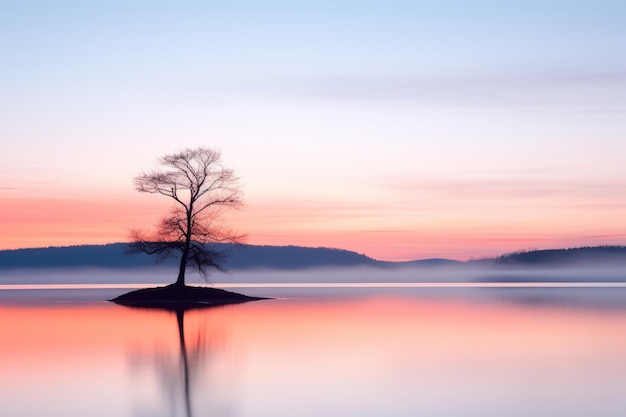 a lone tree sits on a small island in the middle of a lake at sunset