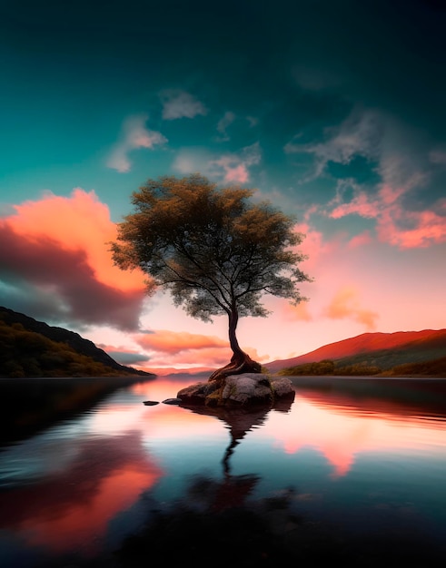 A lone tree sitting in the middle of a lake AI generated AI generative