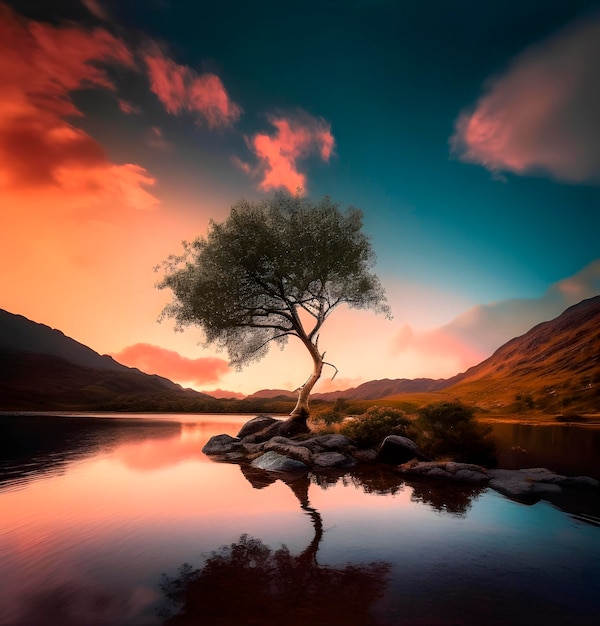 A lone tree sitting in the middle of a lake AI generated AI generative