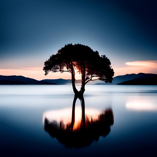 a lone tree sitting in the middle of a lake a photo