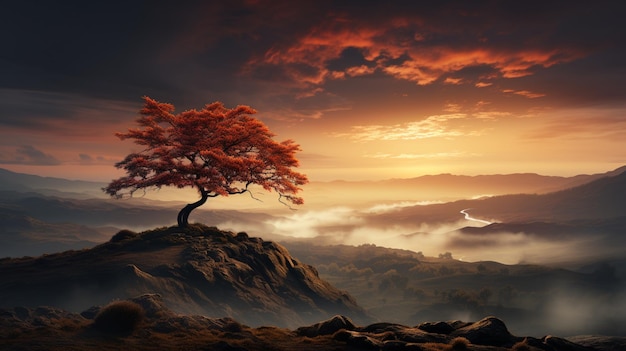 a lone tree sitting on top of a hill