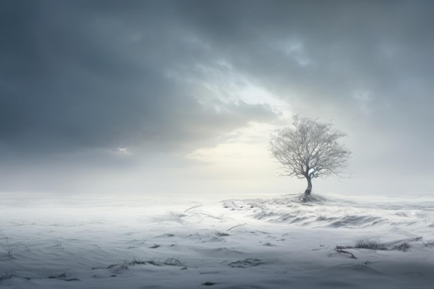 a lone tree in a snowy field under a cloudy sky