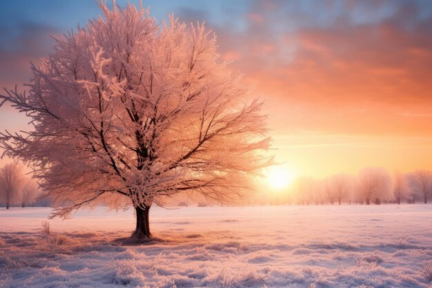 a lone tree in a snowy field at sunset