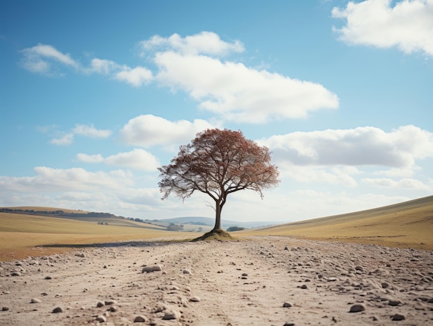 a lone tree standing alone on a dirt road