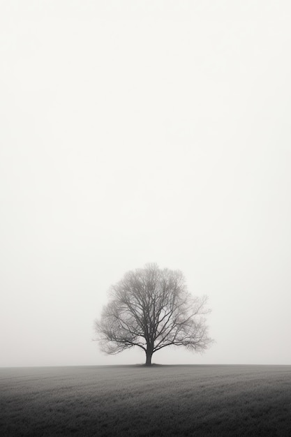 霧のフィールドに一本の木が孤立して立っており、テキスト用のコピースペースがある