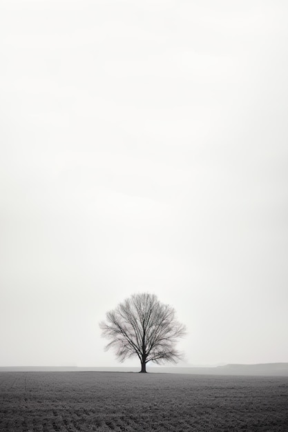 a lone tree stands alone in a foggy field with copy space for text