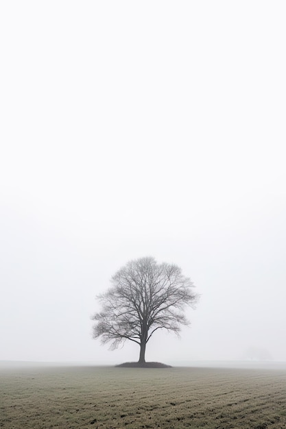 a lone tree stands alone in a foggy field with copy space for text