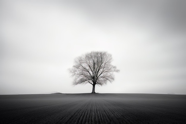 a lone tree stands alone in a foggy field