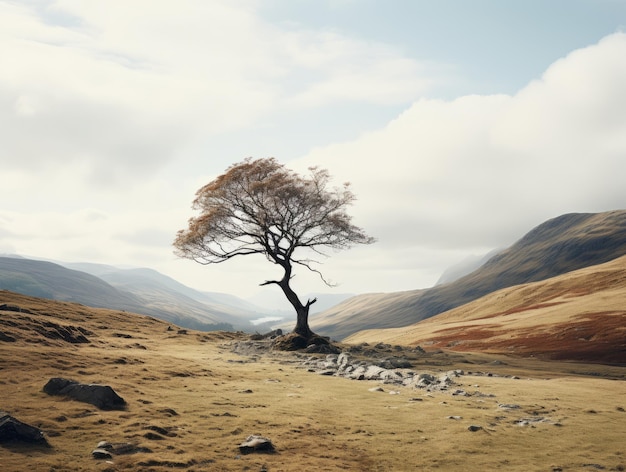 a lone tree stands alone in the middle of a field