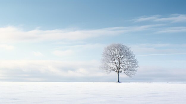 A lone tree stands alone in a snowy field