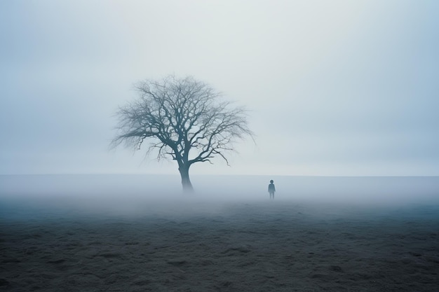 Foto un albero solitario si trova in un campo nebbioso