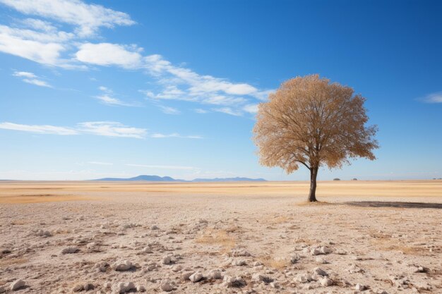 a lone tree stands in the middle of an arid landscape