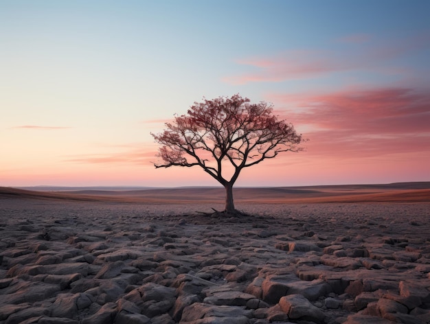 a lone tree stands in the middle of a barren field