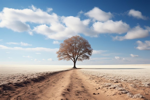 a lone tree stands in the middle of an empty field