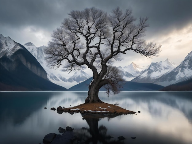 a lone tree stands in the middle of a lake