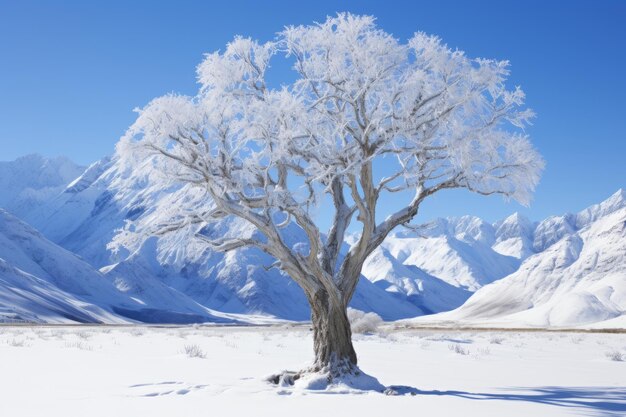 a lone tree stands in the middle of a snowy field