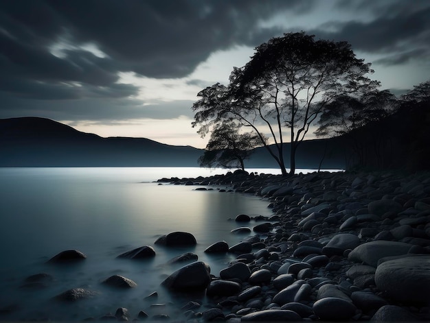 a lone tree stands on a rocky shore at dusk with a cloudy sky