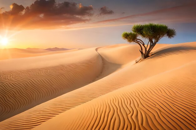 A lone tree stands in the sand of a desert