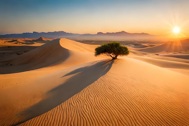 A lone tree stands in the sand dunes at sunset