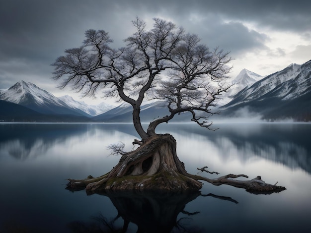 a lone tree stands on the shore of a lake with mountains in the background