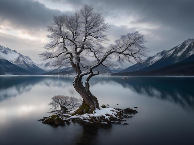 a lone tree stands on the shore of a lake with mountains in the background