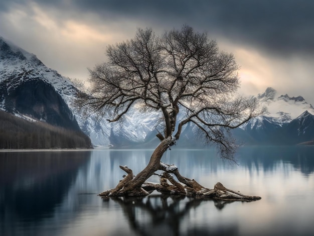 a lone tree stands on the shore of a lake with mountains in the background