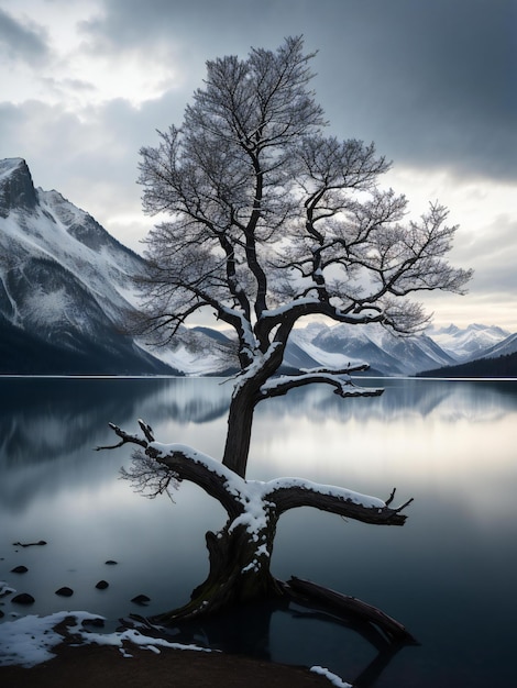 a lone tree stands on the shore of a lake