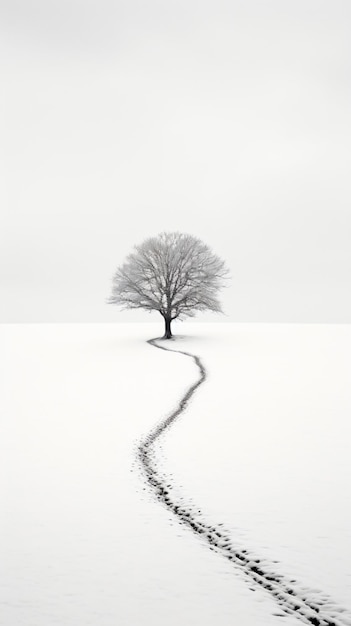 a lone tree stands in a snowy field