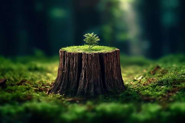 A lone tree stump in the center of a felled forest