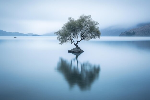 A lone tree on the water in new zealand