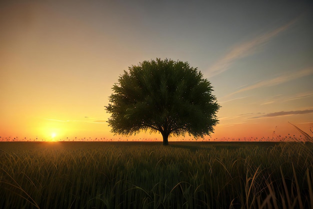 Photo a lone tree in a wheat field at sunset