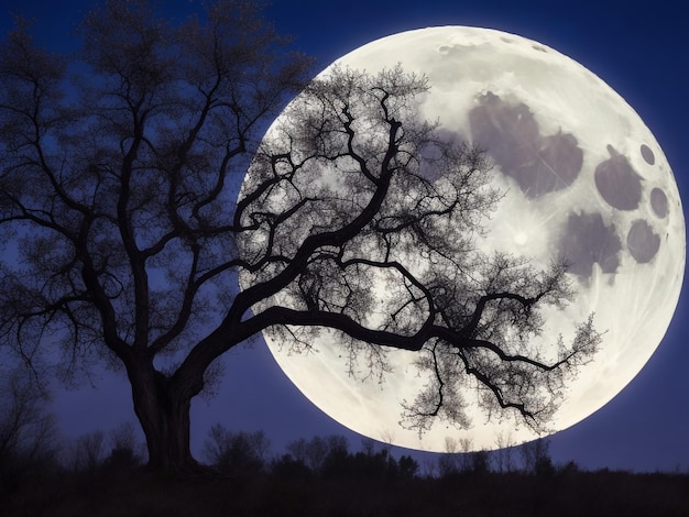가장 큰 달이 있는 외로운 나무는 NASA에서 제공한 이 이미지의 요소인 슈퍼문이라고도 합니다.