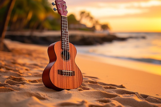 A lone ukulele set against a sandy beach backdrop