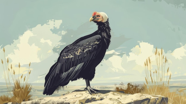 Photo a lone vulture stands prominently on a rocky landscape with sparse vegetation under a clear blue sky